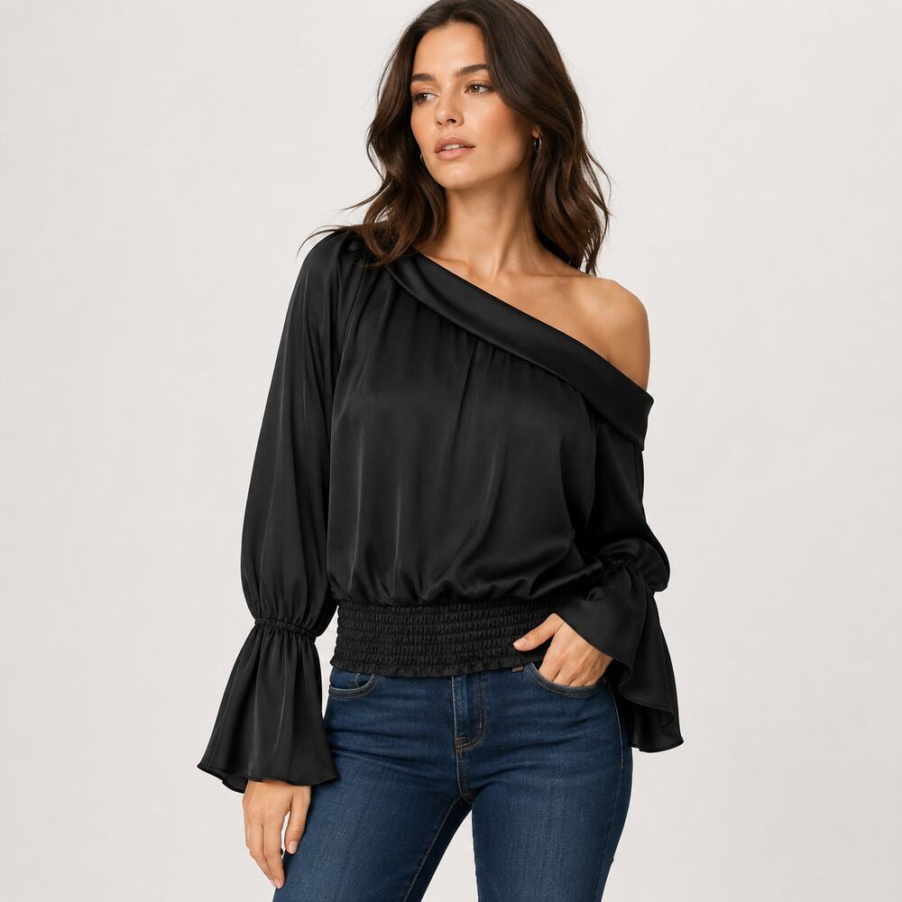 Ramy Brook Sammy Blouse Small Black One Shoulder Satin Charmeuse Billowy Sleeves
